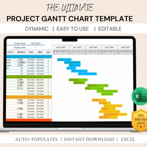 May include: A laptop displays a project Gantt chart template. The chart uses blue, green, and orange color-coded bars to represent project tasks. Text on the screen includes "Dynamic," "Easy to Use," and "Editable."