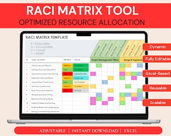 May include: A laptop displays a RACI Matrix Tool for optimized resource allocation. The screen shows a template with columns for tasks, priority, and status, and rows for team members. Text on the screen includes "Dynamic", "Fully Editable", and "Excel-Based".