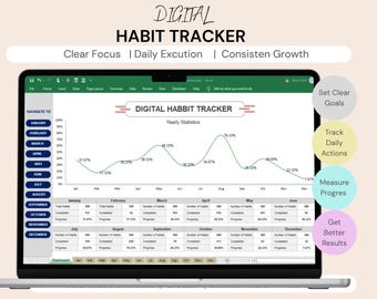 May include: A digital habit tracker displayed on a laptop screen, featuring a yearly statistics line graph, monthly data tables, and navigation buttons for each month. Text includes "DIGITAL HABIT TRACKER", "Clear Focus | Daily Excution | Consisten Growth", and "Set Clear Goals", "Track Daily Actions", "Measure Progres", "Get Better Results".