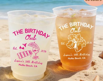 Personalized Birthday Party Cups, The Birthday Club Frosted Cups, Beach Birthday Drinkware, Custom Party Favor Cups