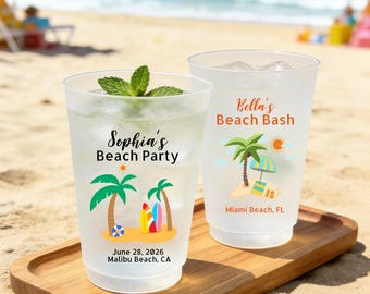 Personalized Beach Party Cups - Custom Birthday Weekend Cups, Tropical Frosted Cups, Summer Vacation Party Cups, Beach Party Favor