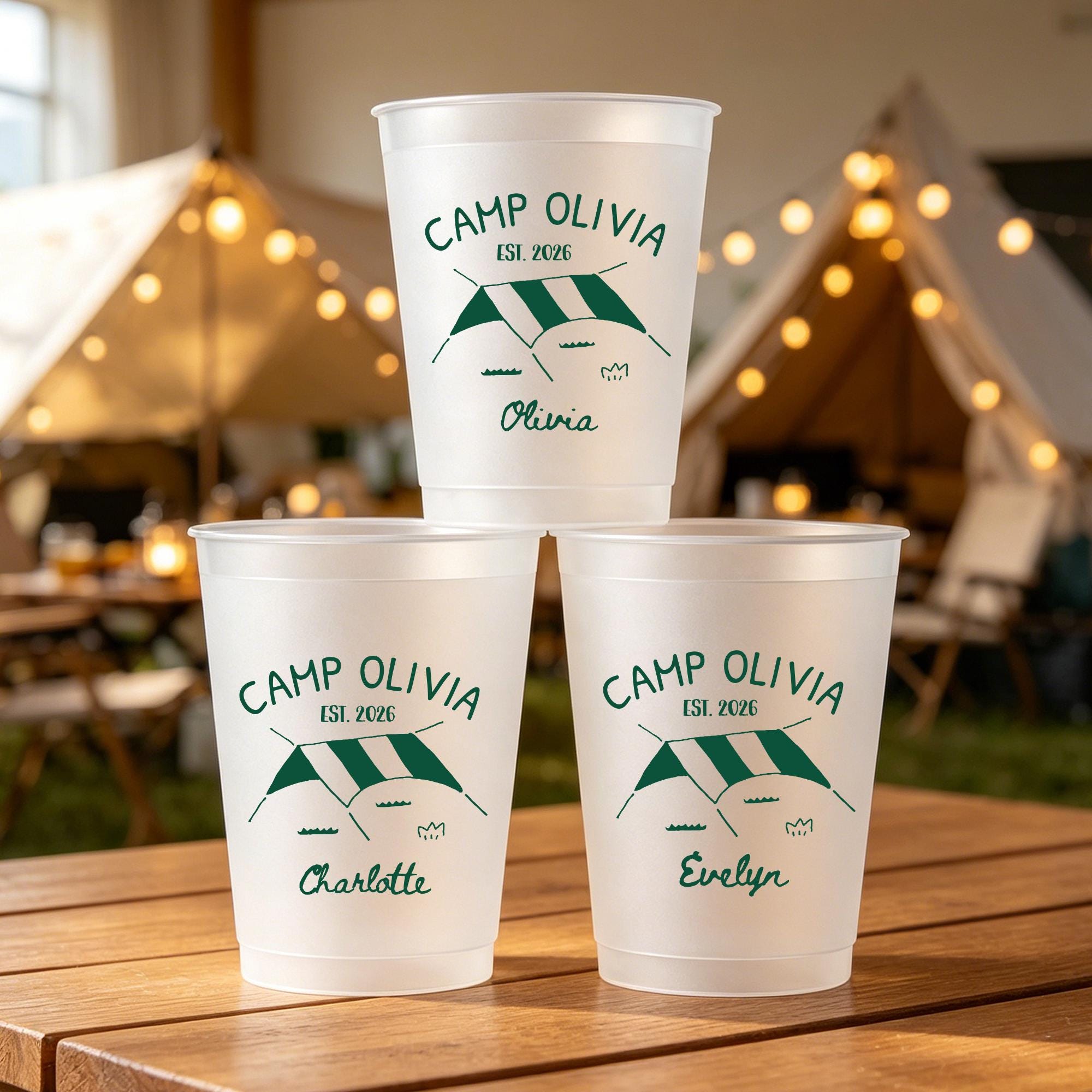 Custom Camp Cups with Names - Glamping Party Cups, Personalized Frosted Cups, Outdoor Party Favors, Camping Weekend Cups