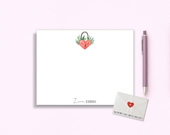 Watercolor Heart Lock Flat Notecards - Personalized Couple Cards - Custom Name Stationery - Valentine’s Day & Wedding Thank You Cards