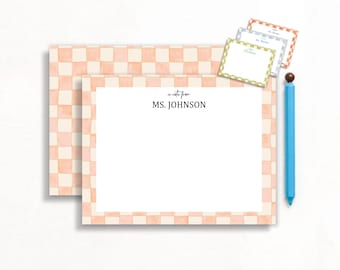 Personalized Teacher Thank You Flat Notecards, Watercolor Checker Stationery, Custom Cards, Teacher Appreciation Gift, Double-Sided Cards