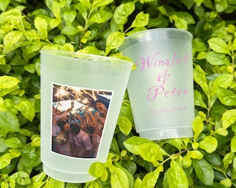 Custom Photo Plastic Cups - Double Sided Design, Wedding Favor Cups, Bridal Shower and Engagement  Party Cups, Frosted Cups