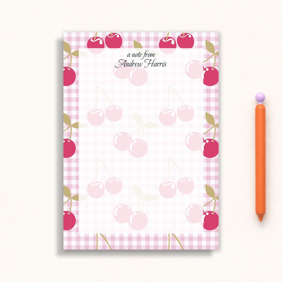 Pink Gingham Cherry Notepad - A Note From Personalized Stationery ...