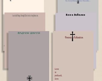 May include: A collection of personalized stationery cards in various pastel colors. Each card features a cross symbol and text, including names like "Andrew Harris" and "Emma Johnson," and inspirational quotes. The cards are arranged in a layered composition.