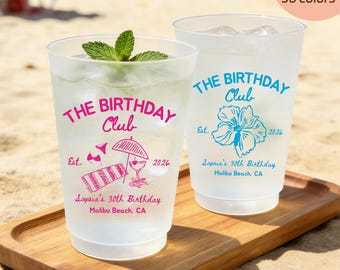 Personalized Birthday Party Cups, The Birthday Club Frosted Cups, Beach Birthday Drinkware, Custom Party Favor Cups