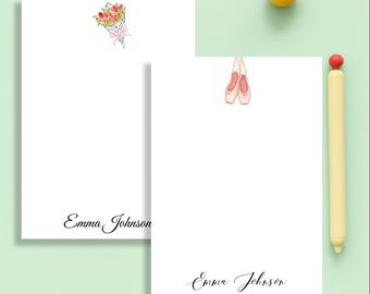 Personalized Ballet Notepad - Custom Name Stationery, Pointe Shoes, Flowers, Gift for Teachers and Students, Gift for Performers or  Dancers