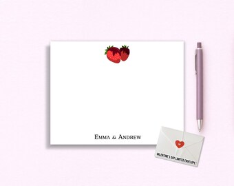 Personalized Strawberry Flat Card Set - Valentine’s Day Stationery - Custom Couple Name Cards - Wedding Thank You Notes - Romantic Gift