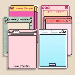 May include: A collection of pink and white notepads with a computer window theme. Each notepad features the name "Emma Johnson" and various design elements, including an "ERROR" message and a "LIKE" button.