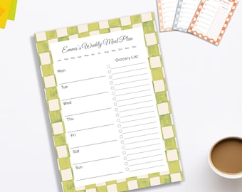 Watercolor Checkered Meal Planner – Custom Notepad - Weekly Menu - Grocery List - Shopping List - Family Meal Organizer - Gift for Mom