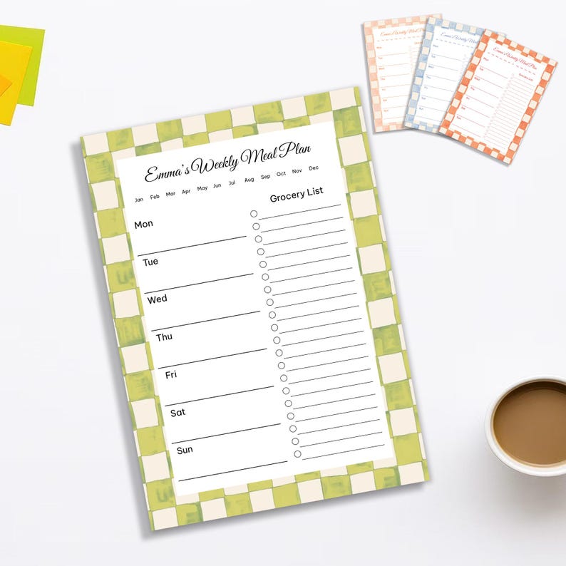 Watercolor Checkered Meal Planner – Custom Notepad - Weekly Menu ...