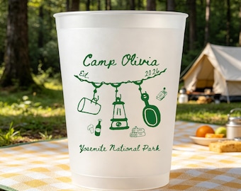 Custom Camping Frosted Cups - Camp Bachelorette Party Cups, Glamping Weekend Cups, Glamping Party Favors, Camping Trip Cups, Reusable Cups
