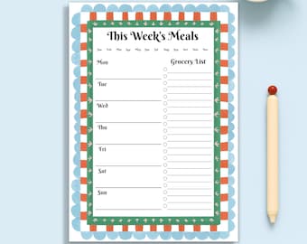 This Week’s Meals Planner – Colorful Border Notepad – Weekly Menu – Grocery List Notepad – Family Meal Organizer – Custom Notepad