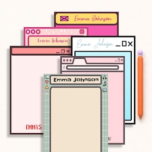 May include: A collection of colorful, stylized notepads and a stylus. The notepads feature a variety of designs, including pink, blue, and green backgrounds, with the text "Emma Johnson" and other design elements. An orange stylus with a purple tip is on the right.