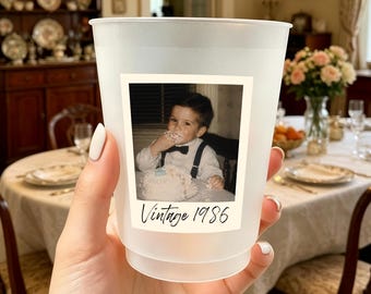 Personalized Vintage Photo Cups, Custom Birthday Memory Cups, 30th 50th 60th Birthday Gift , Milestone Birthday Party Favors