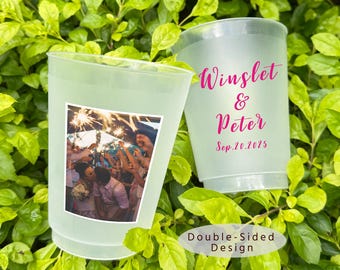 Custom Photo Plastic Cups - Double Sided Design, Wedding Favor Cups, Bridal Shower and Engagement  Party Cups, Frosted Cups