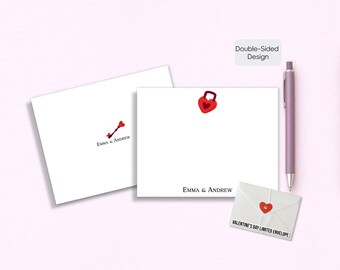 Personalized Heart Lock Flat Cards - Romantic Stationery - Custom Couple Name Cards - Valentine’s Day Stationery - A2 Double-Sided Cards
