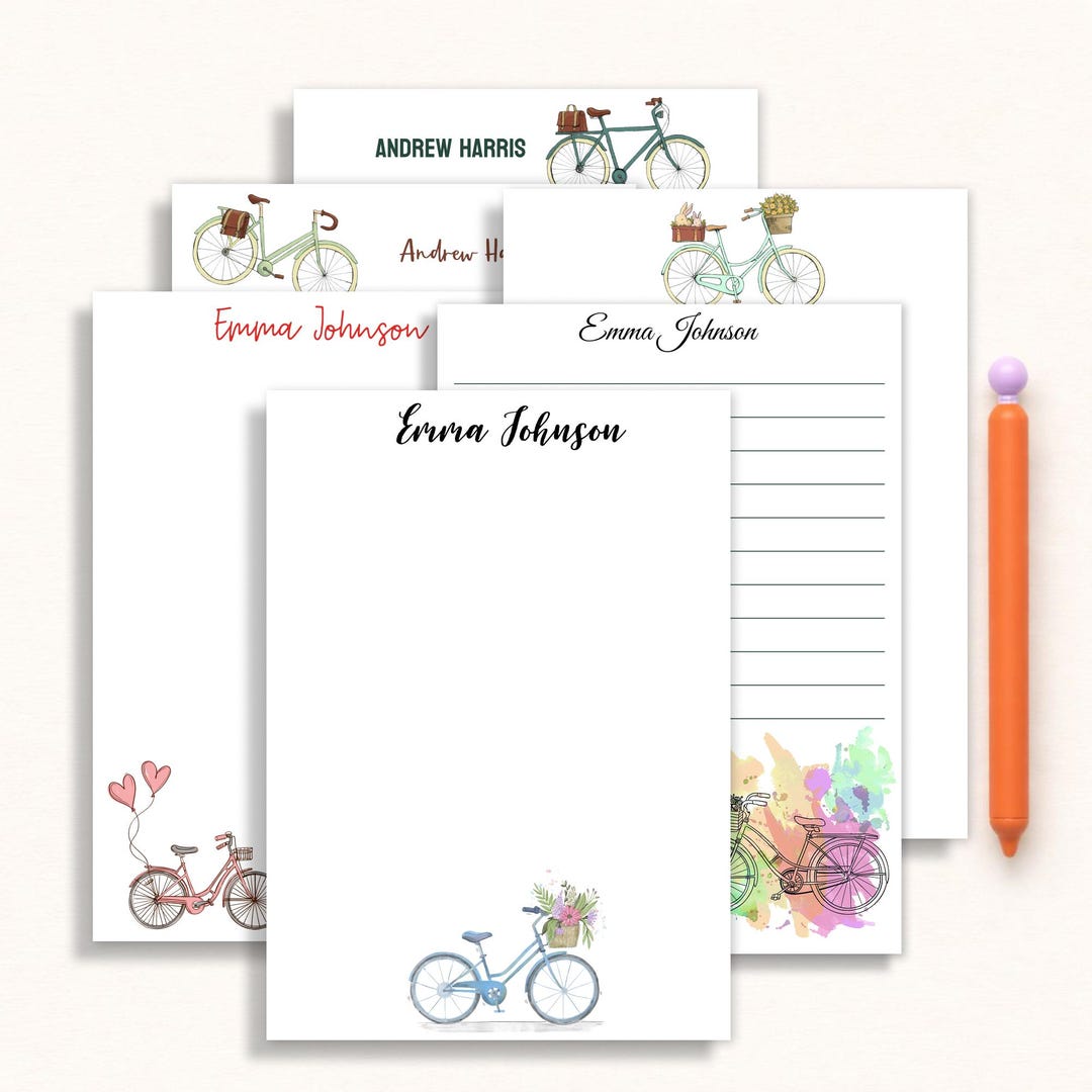 Personalized Bicycle Notepad - Custom Name Stationery - Cute Bike ...