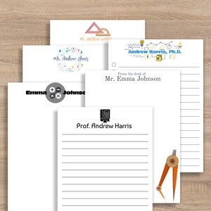 May include: A collection of white stationery items, including notepads and envelopes, featuring various designs and text such as "MS. Andrew Harris," "Mr. Andrew Harris," and "Prof. Andrew Harris." A compass is also visible.