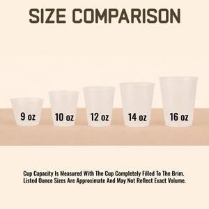 May include: Image showing a size comparison of five clear plastic cups, ranging from 9 oz to 16 oz. The text "SIZE COMPARISON" is at the top. The cups are labeled with their ounce capacity. The text at the bottom explains the measurement method.