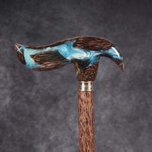 Handmade Palmwood Eagle Head Walking Cane: Blue Epoxy & Brass Accents