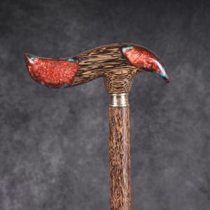 Handmade Palmwood Walking Cane: Red Epoxy Handle, Brass Details