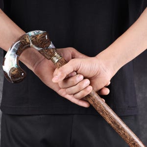 Handmade Palmwood Walking Cane: Epoxy Handle, Brass Accents