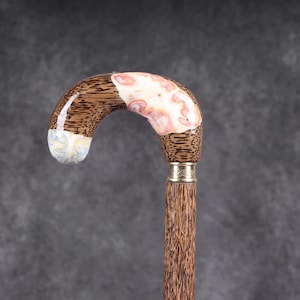 Handmade Palmwood Walking Cane: Resin Marble Handle, Brass Accents