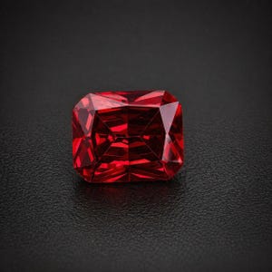 May include: A radiant, faceted, rectangular-cut red gemstone. The gem is a deep, saturated red color, with sharp, defined edges and a brilliant, reflective surface. The gemstone is set against a dark, textured background.