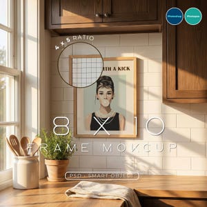 May include: A framed poster mockup featuring a portrait of a woman with a bubblegum bubble, with the text "WITH A KICK". The frame is displayed in a kitchen setting, with a wooden countertop and cabinets. The image includes the text "FRAME MOCKUP" and "PSD SMART OBJECT".