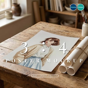 Poster Mockup 3:4 – Rolled Paper on Rustic Wood Table, PSD Smart Object