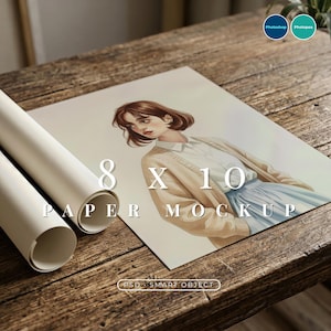 May include: An 8 x 10 paper mockup featuring a watercolor illustration of a person in a cardigan and skirt. Rolled paper tubes are on the left. The text "PAPER MOCKUP" is visible.