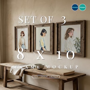 May include: Set of three framed art prints, each with a portrait of a woman. The frames are rustic wood, and the prints are 8 x 10 inches. The image includes the text "FRAME MOCKUP" and "PSD SMART OBJECT".