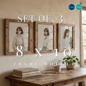 May include: A set of three framed art prints, each 8 x 10 inches, featuring illustrations of a woman. The frames are made of rustic wood. The text "SET OF 3" and "8 X 10" are displayed above the frames. The text "FRAME MOCKUP" is below the frames.