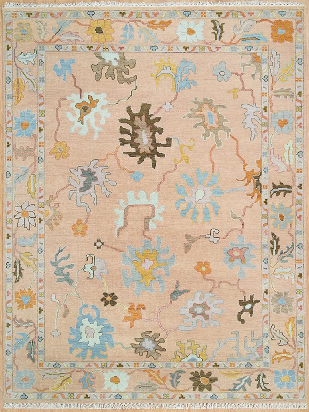 Peach Hand Knotted Rug Pastel Color Turkish Area With Blue & Yellow ...