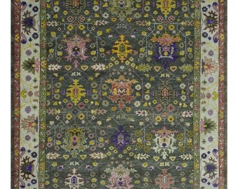 Grey Oushak Rug – Hand Knotted Wool Turkish Carpet with Dark Gray & green Florals Design – Vintage Style Area Rug for  8x12, 9x14 rugs
