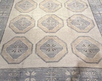 Light Grey Beige Oushak Rug – Hand Knotted Wool Turkish Carpet with Black &  Grey Floral Design – Vintage Style Area Rug for  8x12,