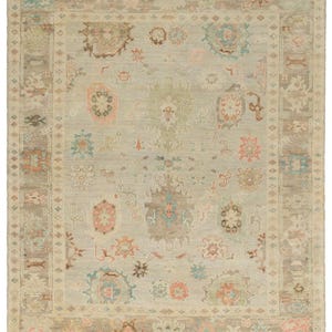 May include: A rectangular area rug with a light gray background and an intricate pattern of floral and geometric designs in shades of brown, pink, blue, and green. The rug has a border with a repeating pattern and a fringed edge.