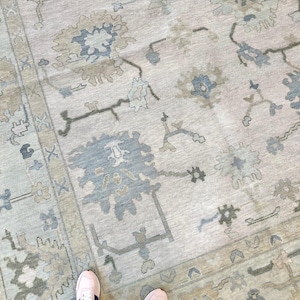 May include: A large, light-colored area rug with a floral pattern in shades of blue, gray, and beige. The rug has a detailed border and a distressed, vintage look. Pink sneakers are visible at the bottom of the image.