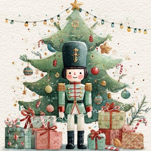 May include: A watercolour illustration depicts a Christmas scene with a nutcracker soldier in a green uniform, standing before a decorated Christmas tree. Presents with red bows are at the base, creating a festive holiday image.