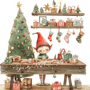 May include: Watercolor illustration of a Christmas scene with an elf at a wooden table wrapping gifts. A decorated Christmas tree, shelves with presents, and hanging stockings complete the festive setting. The image includes the text "DigiWhims".