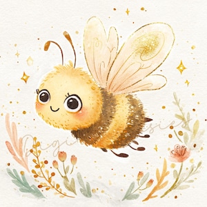 May include: A watercolour illustration of a smiling bee with a yellow and brown body and delicate wings. The bee is surrounded by floral elements in soft pastel colours, with gold glitter accents. The artwork has a whimsical, cheerful feel.