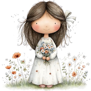 May include: Watercolor illustration of a girl with brown hair and a white dress holding a bouquet of flowers. The girl is standing in a field of wildflowers, with a white bow in her hair.