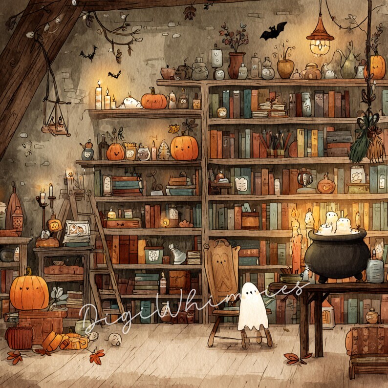 May include: Watercolor illustration of a cozy, vintage library decorated for Halloween. Bookshelves are filled with books, pumpkins, candles, and potion bottles. A ghost sits on a wooden chair, and a cauldron bubbles on a table.