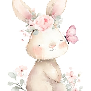 May include: A watercolor illustration of a smiling bunny with a floral crown and a pink butterfly. The bunny is light beige with pink accents on its cheeks and ears. Soft pink flowers and green leaves surround the bunny.
