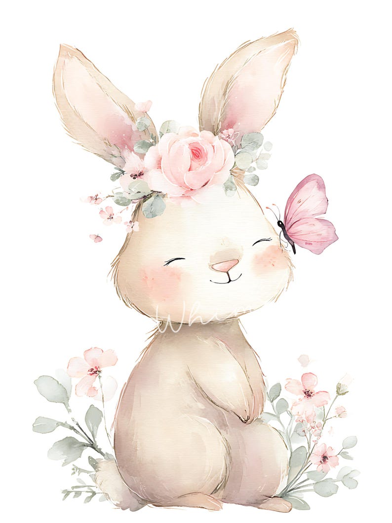 May include: A watercolor illustration of a smiling bunny with a floral crown and a pink butterfly. The bunny is light beige with pink accents on its cheeks and ears. Soft pink flowers and green leaves surround the bunny.