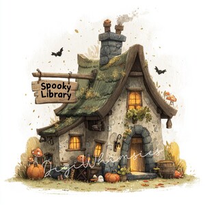 May include: Watercolor illustration of a whimsical cottage with a moss-covered roof and stone chimney. A wooden sign reads "Spooky Library." Pumpkins, mushrooms, and bats decorate the scene, creating a Halloween theme.