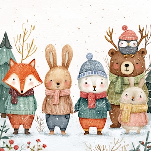 Puede incluir: Ilustración en acuarela de cinco animales de invierno: un zorro, un conejo, un oso polar, un oso y un conejo. Cada animal lleva una bufanda y un suéter, con un fondo de bosque nevado. El oso tiene un búho en la cabeza.